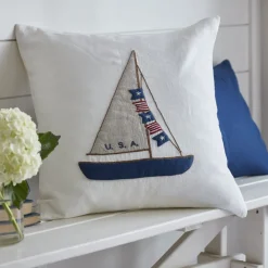 Americana Embroideries | Seaside<Taylor Linens Americana Sailboat – Cream Linen Porch Pillow