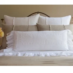 Sentimental Embroideries<Taylor Linens Be Our Guest – White Ruffled Cotton Bolster Pillow