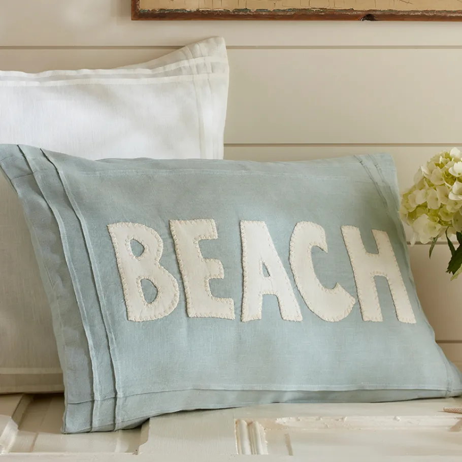 Seaside<Taylor Linens Beach – White on Aqua Linen Lumbar Pillow