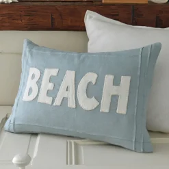 Seaside<Taylor Linens Beach – White on Aqua Linen Lumbar Pillow