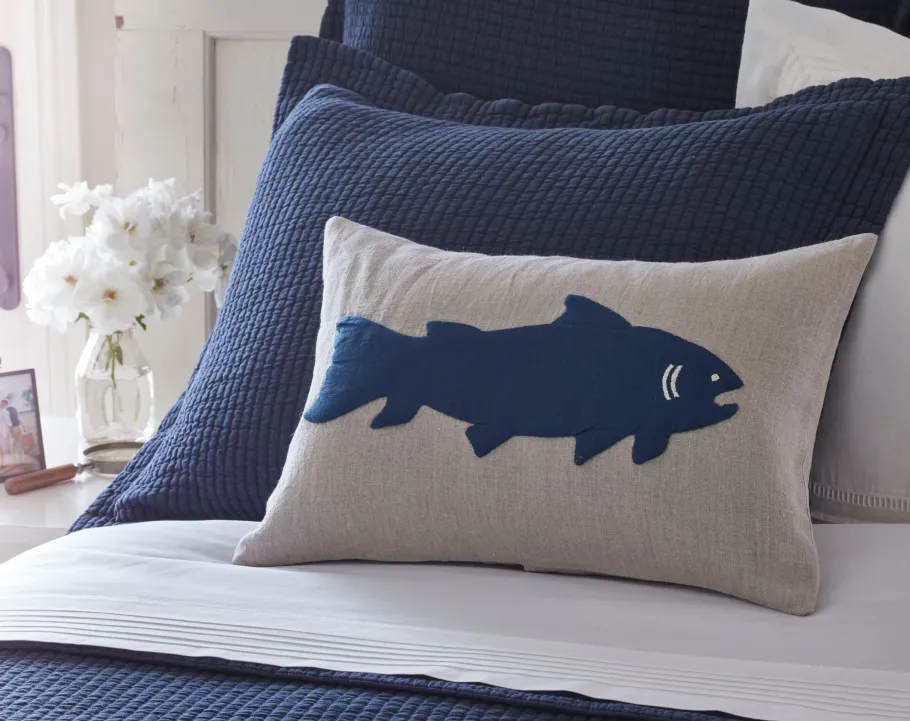 Camps & Cottages<Taylor Linens Fish Indigo on Natural Linen Boudoir Pillow