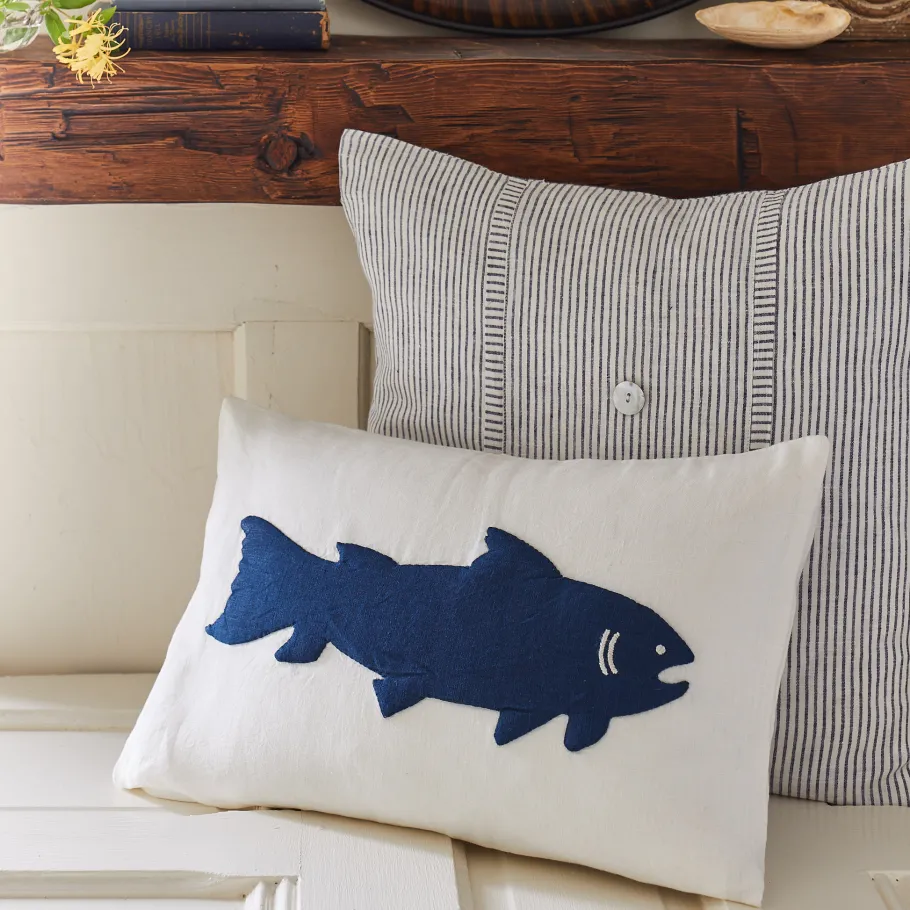 Camps & Cottages<Taylor Linens Fish Indigo on White Linen Boudoir Pillow