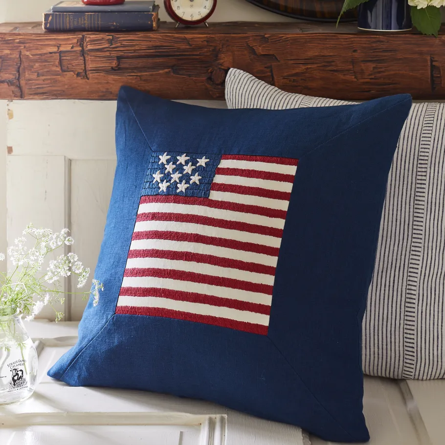 Americana Embroideries<Taylor Linens Flag Indigo Linen Porch Pillow