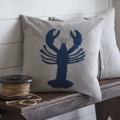 Seaside | Camps & Cottages<Taylor Linens Natural Linen Pillow with Indigo Lobster